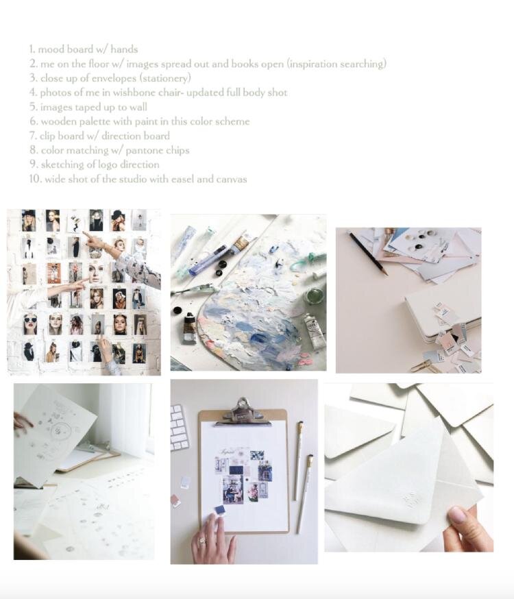 list and images made when sourcing inspiration and in preparation for an on-brand photoshoot